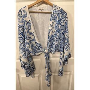 Winston White Paisley Boho Bell Sleeve Tie Front Cropped Blouse , S